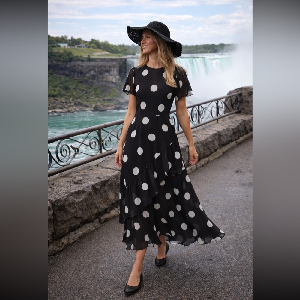 Loft NWT Dotted Flounce  White Polka Dot Maxi Dress size 4.